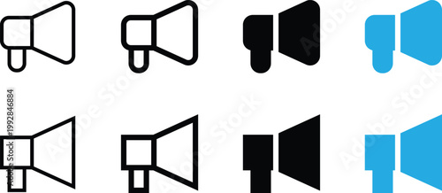 Set of megaphone icons, representing communication and marketing, in various styles and colors