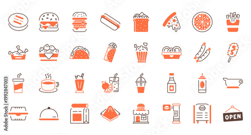 Street fast food takeaway icon outline set burger pizza fries drink soda packaging box restaurant service line vector illustration