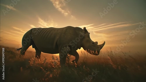 Rhinoceros walking in the savannah at sunset golden hour silhouette