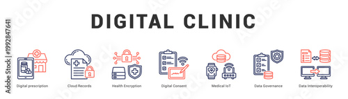 Digital Clinic Modern and clean web banner illustration featuring thematic icons for visual communication