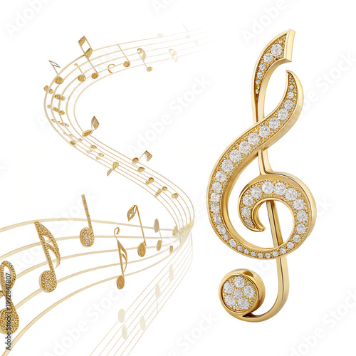 Luxurious Gold Treble Clef with Diamonds and Musical Staff on transparent background