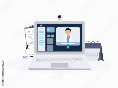 Telemedicine Online Consultation Concept with Doctor Video Call on Laptop