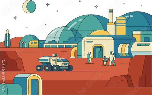 Astronauts explore futuristic Mars base with domes and rover vehicle on red planet surface.