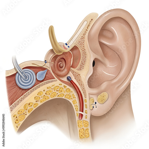 Human Ear Anatomy with Cochlear and Auditory Brainstem Implants on transparent background