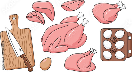 Fresh Chicken Cuts and Eggs with Knife and Cutting Board Vector Illustration for Cooking, Culinary, and Food Preparation Designs