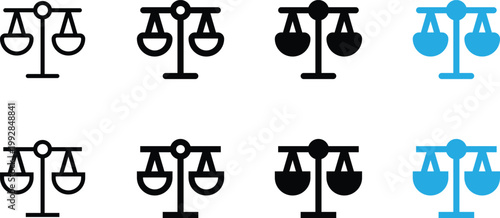Scales of justice icons set in different styles law and legal symbol
