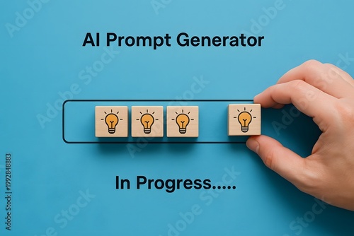Hand placing a wooden block with a lightbulb icon into a row of similar blocks