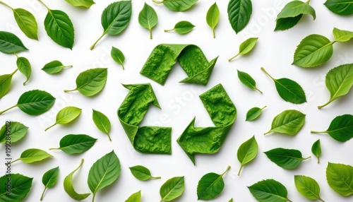 top view flat lay of fresh green leaves arranged into perfect recycling symbol shape