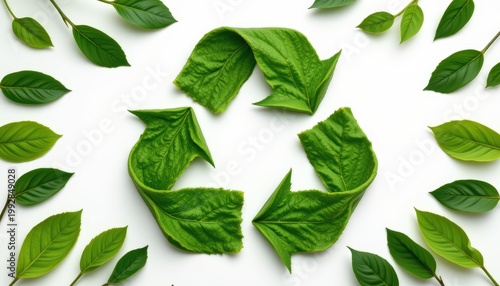 top view flat lay of fresh green leaves arranged into perfect recycling symbol shape