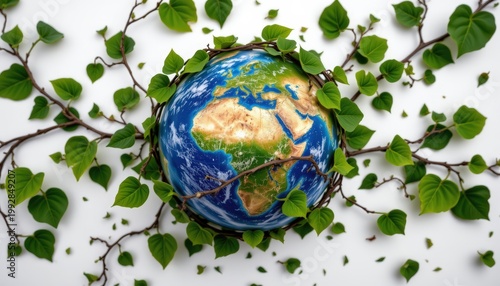 realistic Earth globe wrapped in growing green vines and leaves, isolated on white background