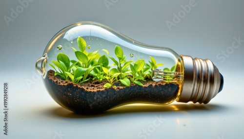 light bulb filled with green plants, soil, and water droplets inside, glowing softly