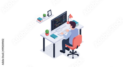 Isometric illustration of a person working on a computer.