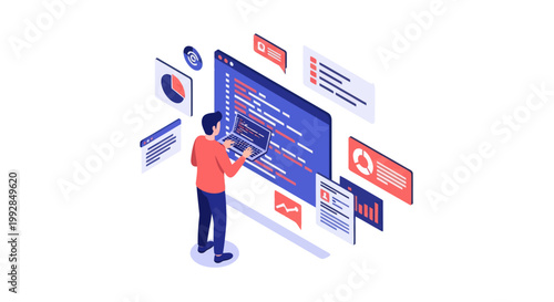 Isometric illustration of a programmer coding on a large monitor surrounded by data.