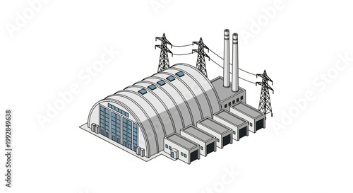 Modern industrial power plant with electrical transmission towers and smokestacks, representing energy generation and industry