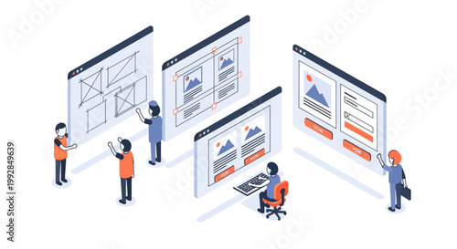 Isometric illustration of a team collaborating on web design and development process.