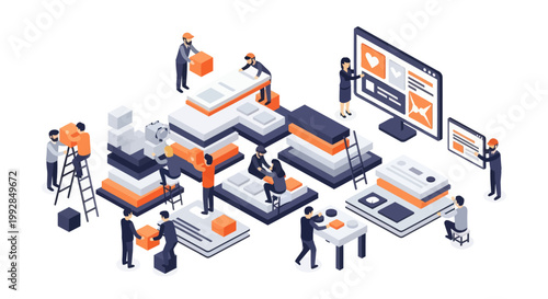 Isometric illustration of a team of developers building and optimizing a website and mobile applications.
