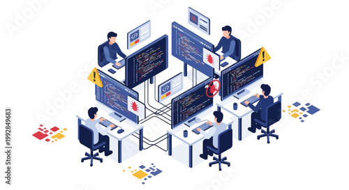 Isometric illustration of a team of developers working on computers.