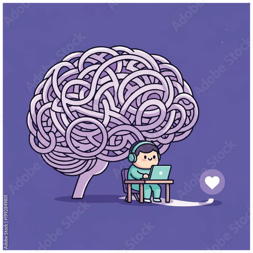 Small person working on laptop under a large brain.