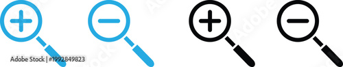 Magnifying glass icons with plus and minus signs in black and blue colors