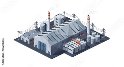 Industrial Power Plant Structure with Cooling Towers and Electrical Grid Infrastructure, representing Energy Production and Manufacturing Operations