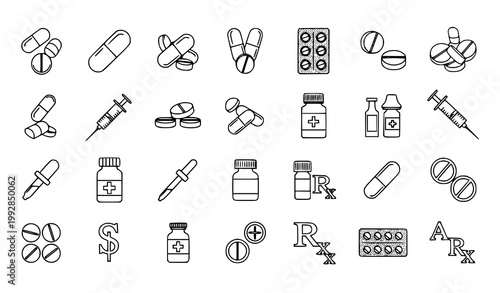 Medical medicament icons vector pharmaceutical outline set
