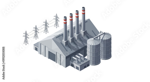 Industrial power plant with silos and transmission towers, illustration of manufacturing and energy production in an urban environment