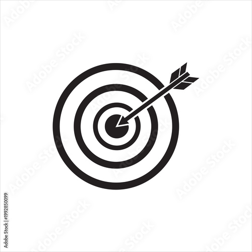 A minimalist black and white graphic icon showing a single arrow hitting the center of a target on white background or silhouette vector 