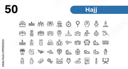 Collection of Islamic Hajj pilgrimage icons, symbolizing traditions and rituals