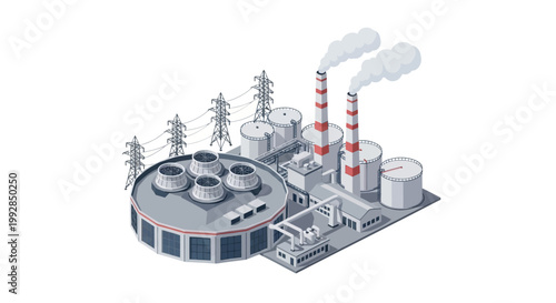 Isometric illustration of an industrial complex with factory structures, power lines, and emitting smokestacks, representing energy generation and manufacturing facilities
