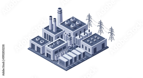 Isometric industrial complex with factories, power plants, and transmission lines, symbolizing manufacturing, energy production, and urban infrastructure