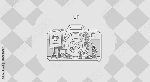 A line drawing of a camera with travel and photography elements on a checkered background.