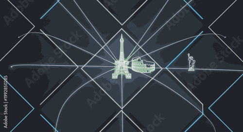 A futuristic graphic design featuring intersecting white and blue lines with a glowing green light at the center on a dark background.