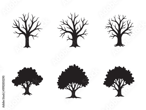 tree silhouettes, dead and alive trees, vector illustration