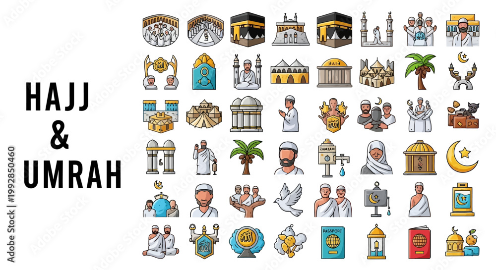 Obraz premium Hajj and Umrah Islamic pilgrimage icons with symbols and religious elements