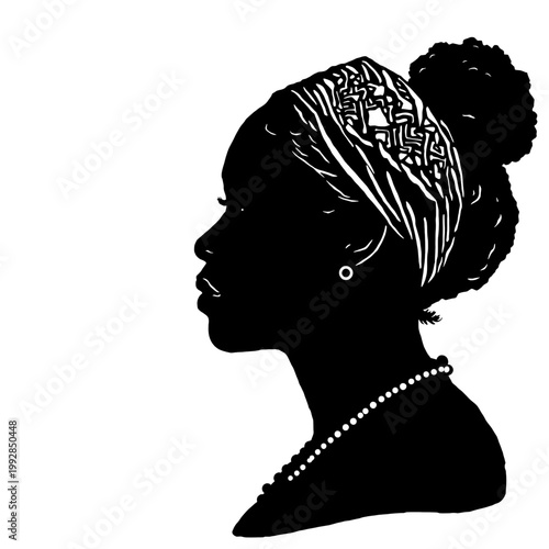 Silhouette of a Black woman with head wrap and pearl necklace, profile vector illustration for Juneteenth celebration, Black History Month, and African heritage