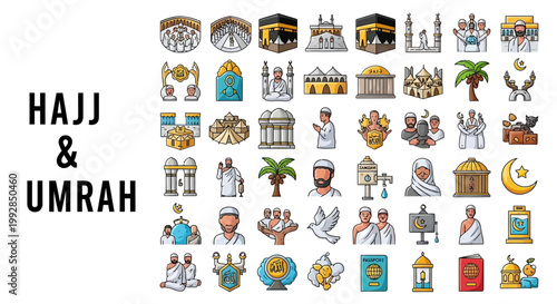 Hajj and Umrah Islamic pilgrimage icons with symbols and religious elements