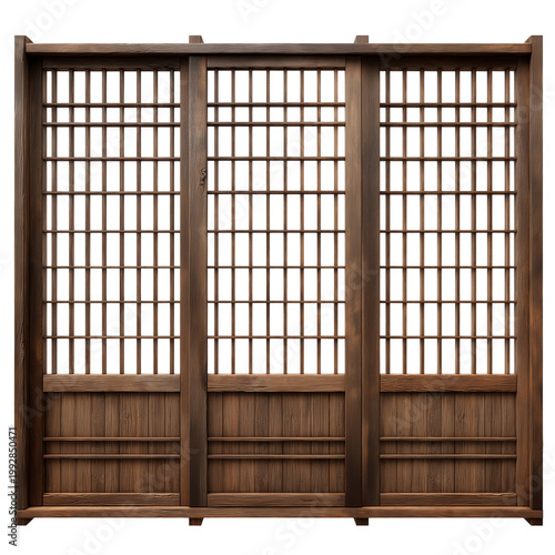 A wooden gate with a grid pattern design isolated on transparent background