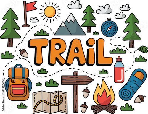 Colorful hiking trail doodles with nature and camping elements, vector illustration for outdoor adventure, trekking, travel, tourism, and camping themed design projects.