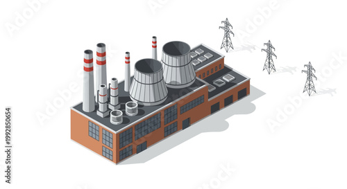 Industrial power plant with cooling towers and smoke stacks, illustrating energy production and industrial infrastructure for the power generation industry