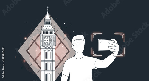 A man taking a selfie with a smartphone in front of a stylized illustration of Big Ben and a geometric patterned background.