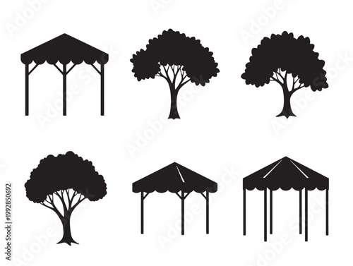 Tree canopy icons and gazebo silhouettes vector illustration