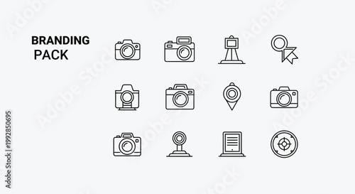 A set of gray line icons depicting various photography and branding elements on a white background.