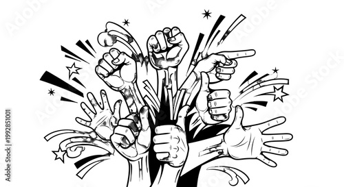 A group of fists and hands raised in protest or celebration.