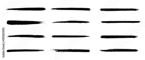 Black grunge brush stroke set. Thin ink underline dividers and rough marker lines. Professional vector elements.