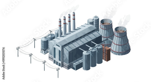 Conceptual isometric artwork of an extensive energy production facility, highlighting industrial infrastructure, environmental impact, and technological advancements