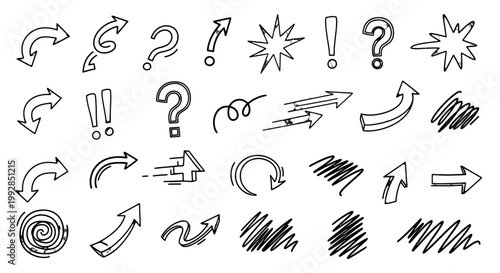 A collection of hand-drawn question mark and arrow icons.