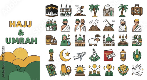 Hajj and Umrah Islamic Pilgrimage Icons and Illustrations