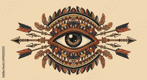 Tribal Eye Symbol with Arrows and Feathers, Boho Native American Inspired Design