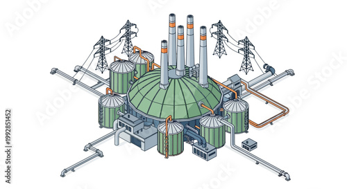 Advanced power generation facility with multiple smokestacks and industrial infrastructure, highlighting energy production and distribution networks