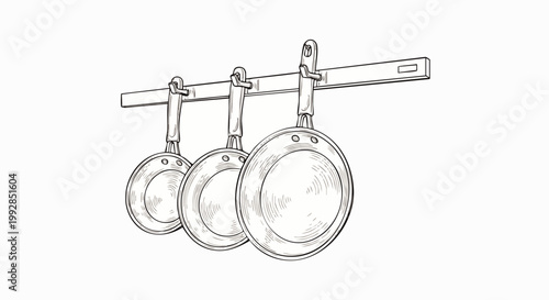 Three frying pans hanging on a wall-mounted rack, hand-drawn sketch illustration, kitchenware, cooking equipment, culinary tools
